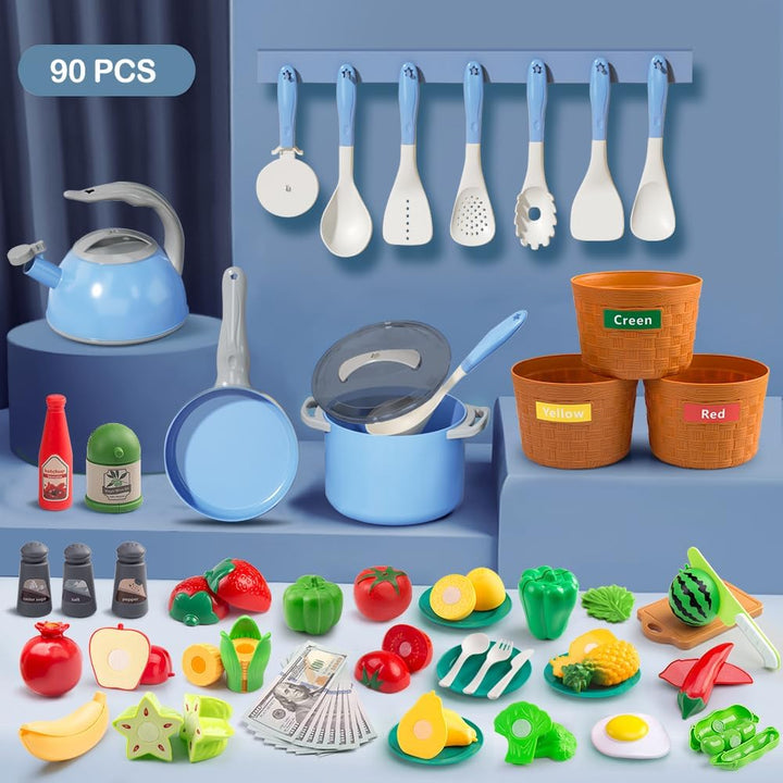 Juego de 90 accesorios de cocina, cocina de simulación con ollas, s...