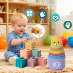 Juguetes para bebés de 6 a 12 meses, juguetes Montessori para niños de 1 año, juguete mordedor de cuerda de silicona, bloques de construcción apilables, juguete infantil infantil de 0 a 3, sensor de cubo de forma, juego de regalos para bebés y niñas
