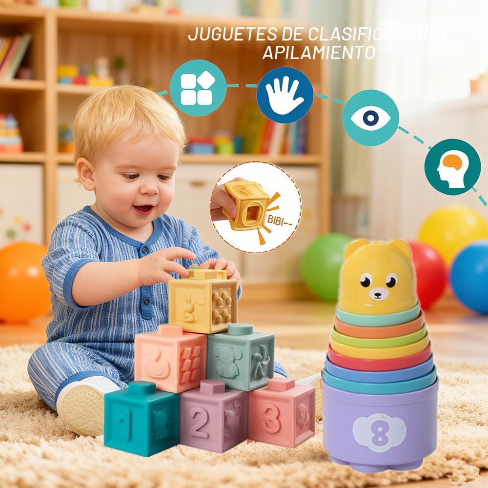 Juguetes para bebés de 6 a 12 meses, juguetes Montessori para niños de 1 año, juguete mordedor de cuerda de silicona, bloques de construcción apilables, juguete infantil infantil de 0 a 3, sensor de cubo de forma, juego de regalos para bebés y niñas