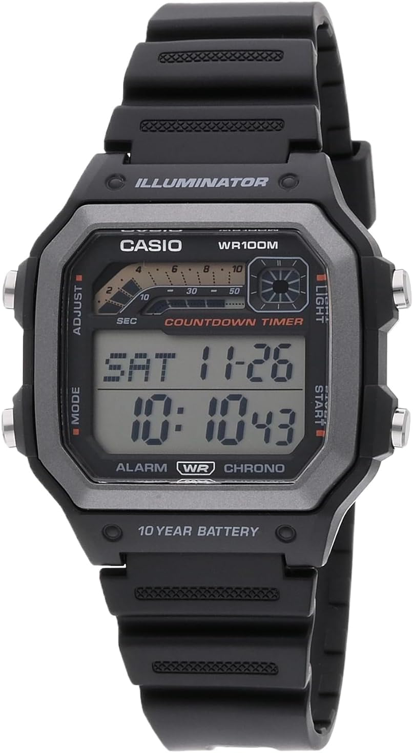 Casio WS1600H Series | Reloj para hombre | Diseño deportivo | Cronógrafo | Temporizador de cuenta regresiva | Luz LED con afterglow | 100M WR | Alarma diaria | Calendario automático | Hora mundial | Batería de 10 años