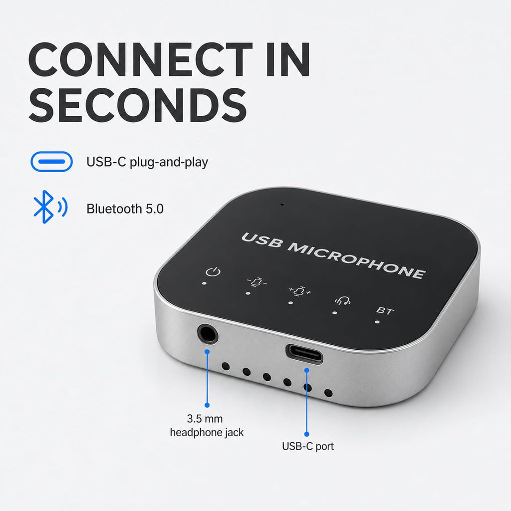 Altavoz de conferencia Bluetooth y micrófono, altavoz Bluetooth para sala de reuniones pequeña, altavoz de conferencia inalámbrico 360 ° con cancelación de ruido micrófonos para computadora