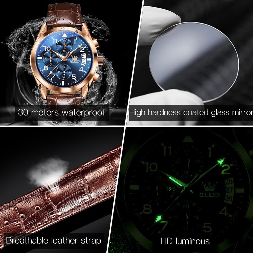 OLEVS Reloj de vestir de cuero para hombre, casual, cuarzo, marrón, pulsera, con fecha