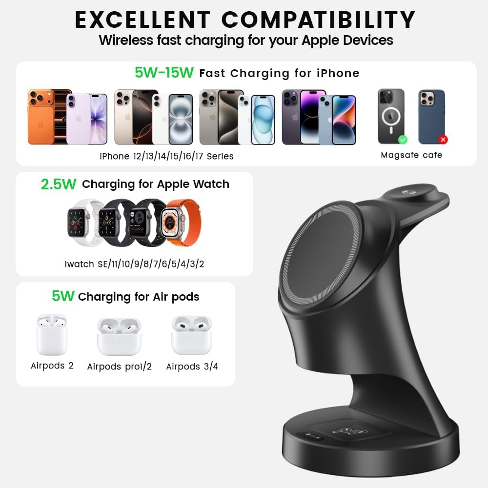 Estación de carga inalámbrica 3 en 1 para dispositivos Apple, cargador Magsafe para iPhone 17 16 15 14 13 12 Pro/Max/Plus/Mini estación de carga inalámbrica para AirPods 2/3/4/Pro iWatch Ultra11/10/9/8/7/SE/6/5/4/3/2