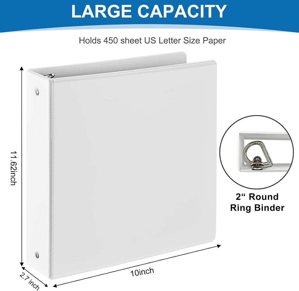 Carpeta de 3 anillos de 2 pulgadas, carpeta de anillos redondos de 2 pulgadas con 2 bolsillos interiores, paquete de 6 carpetas blancas, cubierta transparente, capacidad para hasta 450 hojas de papel de 8.5 x 11 pulgadas, carpetas duraderas para oficina