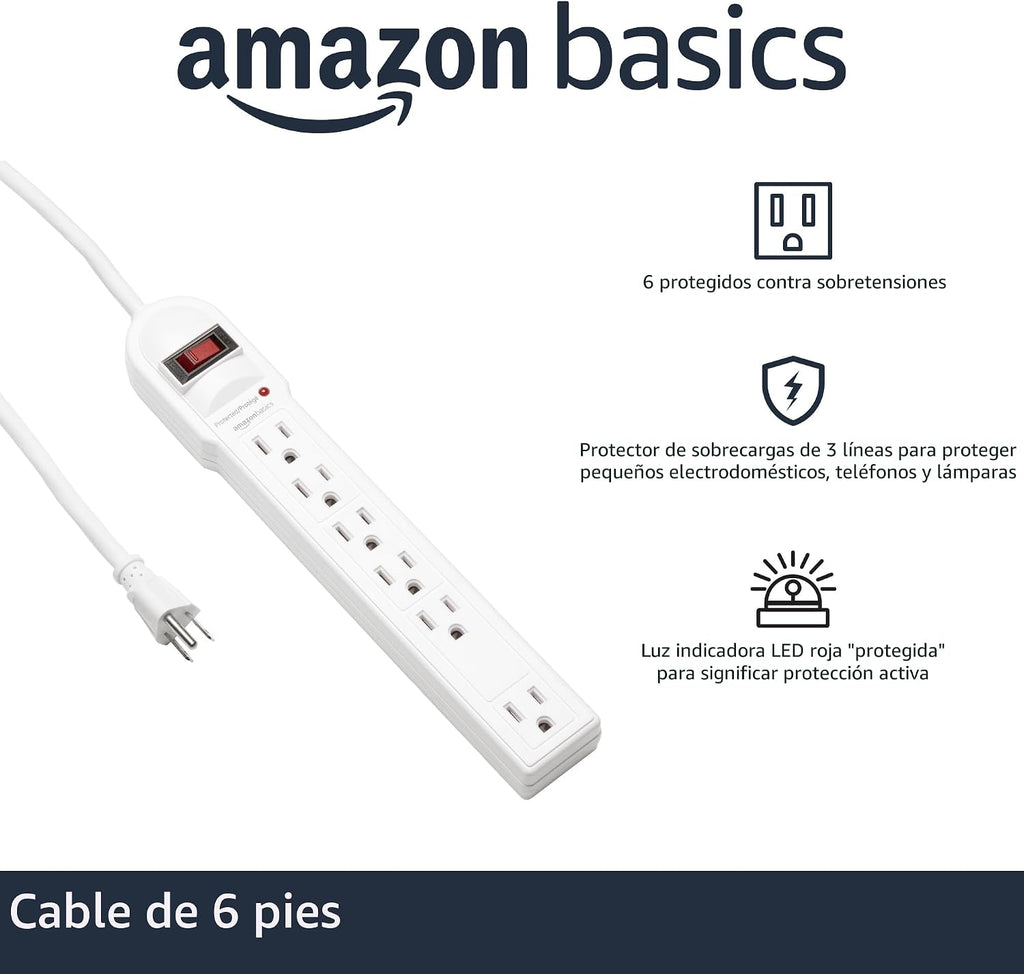 Lámpara Amazon Basics Regleta protectora de sobretensiones, 6 tomas, 790 julios, interruptor de circuito, indicador LED, cable de extensión de 6 pies, color blanco (paquete de 2)