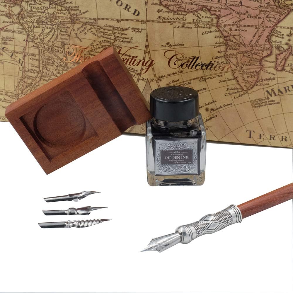 GC Pluma de madera antigua Pluma de caligrafía hecha a mano Juego de bolígrafos de punta de inmersión Estuche de escritura con pluma de tinta negra Cartuchos de soporte de madera LL-184