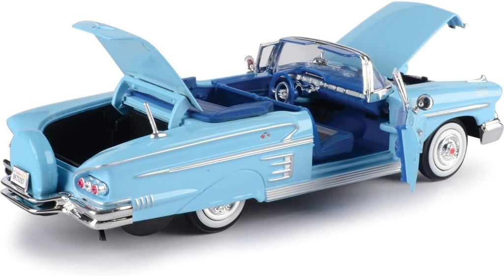 Chevrolet Impala Convertible 1958, azul - Motormax Premium American 73267 - Modelo de automóvil fundido a presión a escala 1/24, unisex, para niños