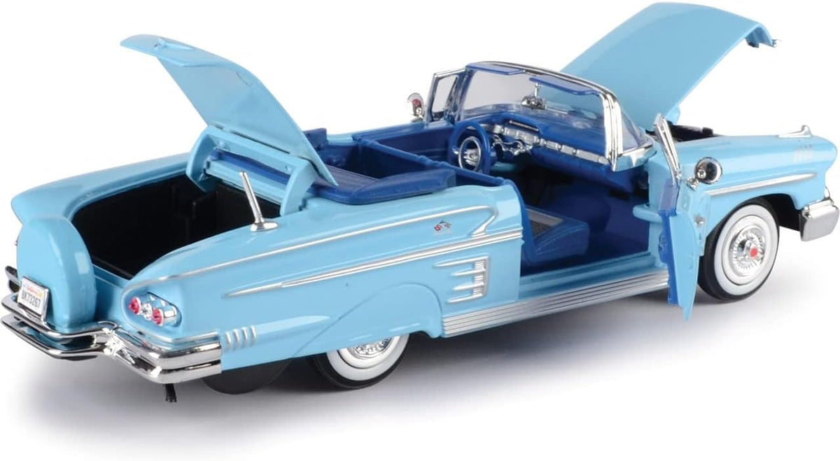 Chevrolet Impala Convertible 1958, azul - Motormax Premium American 73267 - Modelo de automóvil fundido a presión a escala 1/24, unisex, para niños