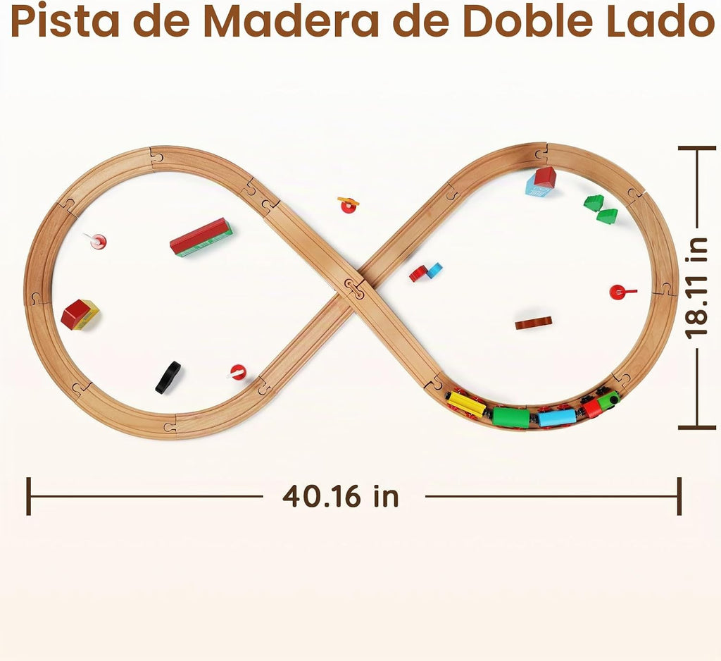 SainSmart Jr. Juego de Tren de Madera para Niños Pequeños con Vías de Tren de Doble Cara Compatible con Brio, Thomas, Melissa y Doug, Tren de Juguete de Madera Infantil para Niños y Niñas de 3, 4, 5