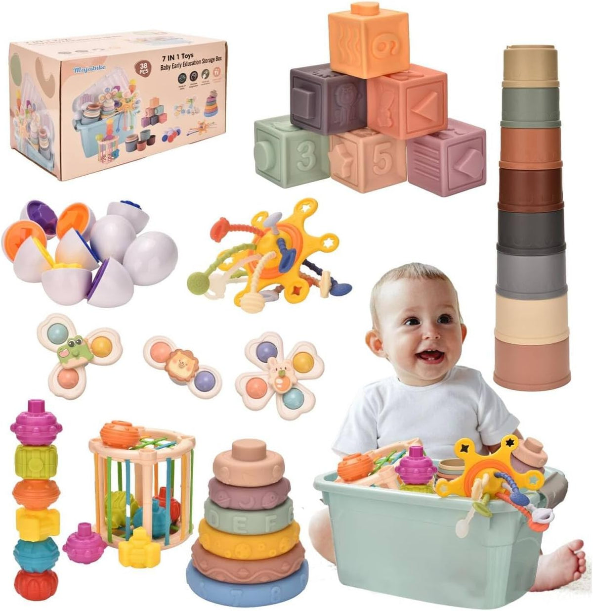 es un juguete Montessori 7 en 1 diseñado para la dentición de bebés y un regalo educativo sensorial específicamente para este propósito.