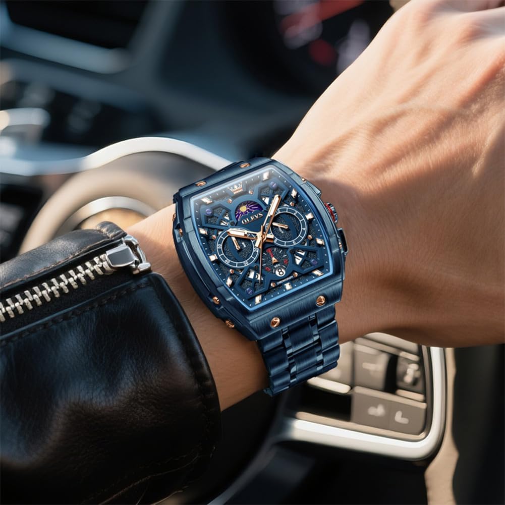 OLEVS Reloj para Hombres Analógico Cuarzo Lujo Diamante Resistente al Agua Cronógrafo Acero Inoxidable Carita Grande Cuadrado Fecha Fase Lunar Romano Relojes de Vestir para Hombres