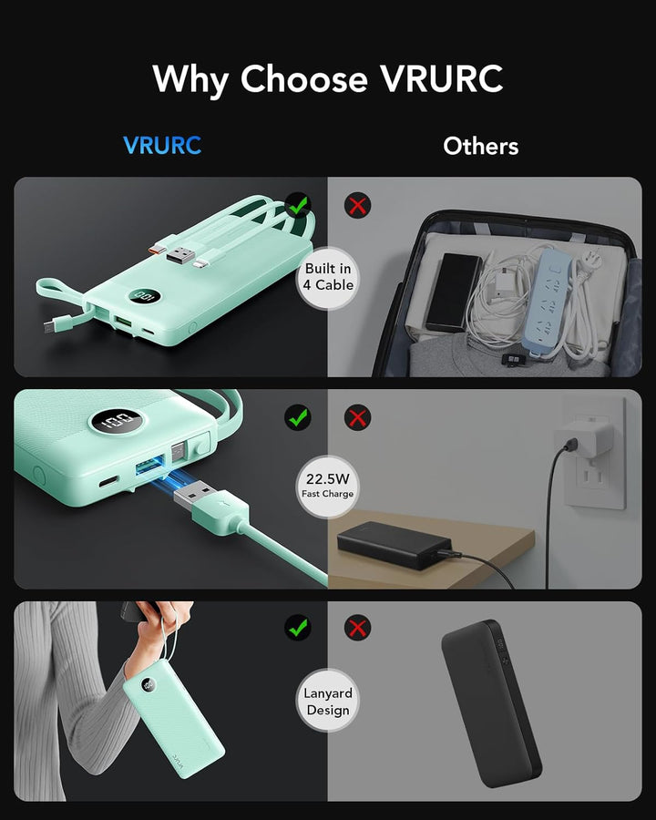 VRURC Cargador portátil con cables para iPhone, Banco de energía US...