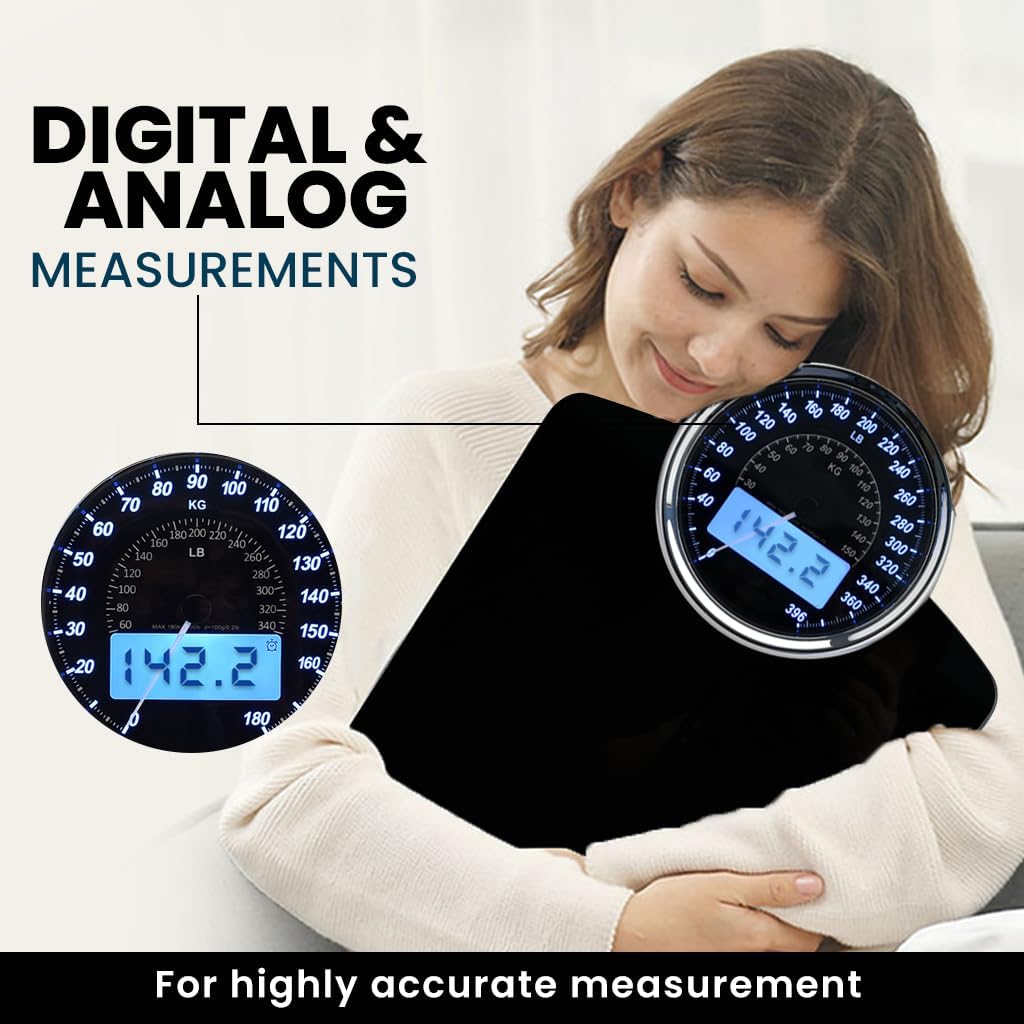 Balanza de pesaje digital y analógica 2 en 1 altamente avanzada para peso corporal - 400 libras, 4 sensores GX de alta precisión, vidrio templado grueso, pantalla extra grande (Negro)