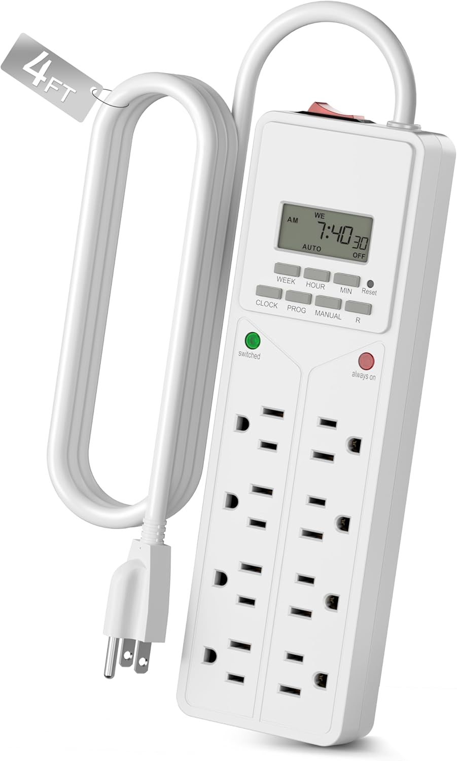 BN-LINK Protector de sobretensión de 8 salidas con temporizador digital de 7 días (4 salidas temporizadas, 4 salidas siempre encendidas) - Blanco