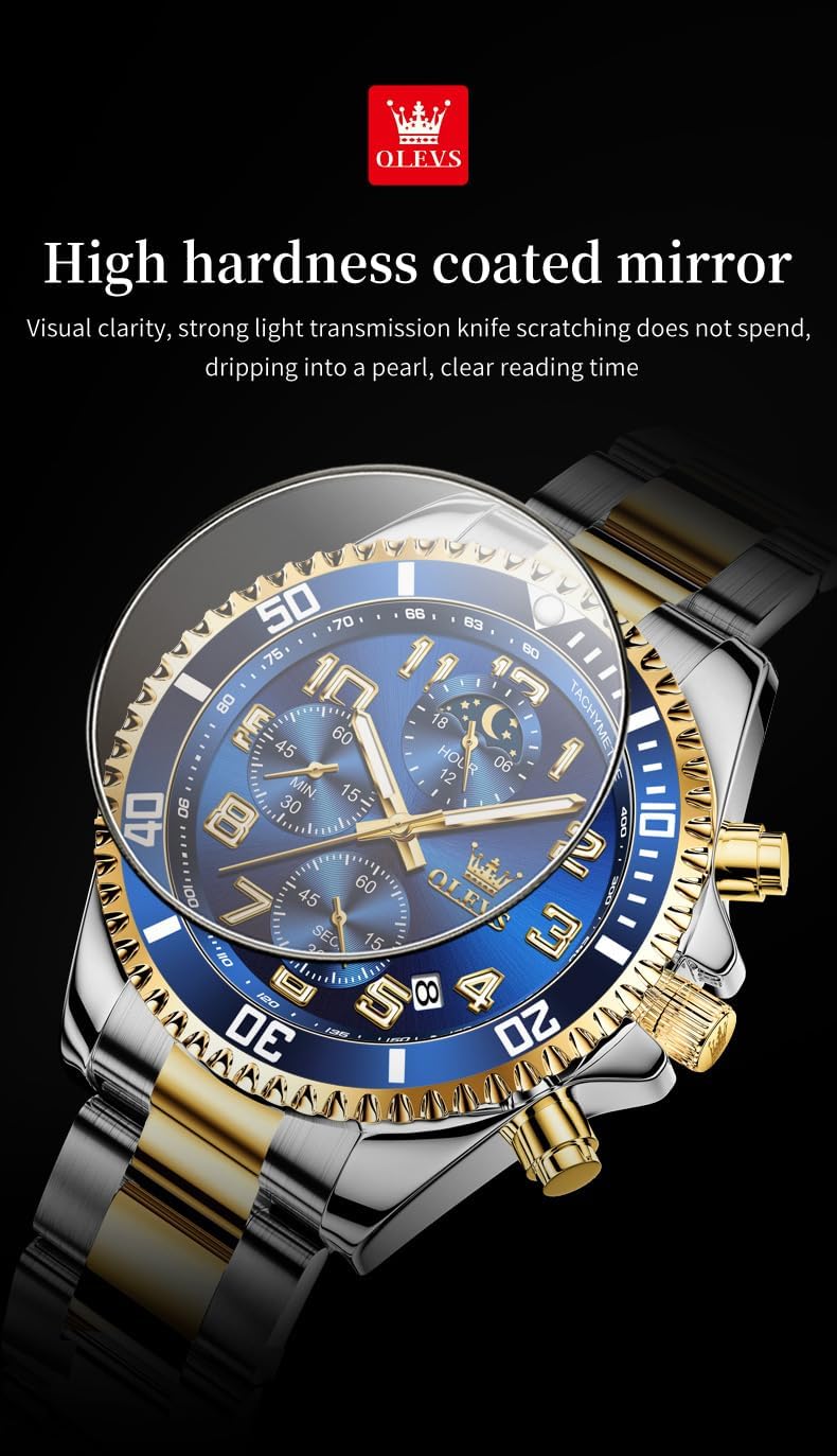 OLEVS Reloj de caballero Cronógrafo de lujo con fases de la luna, dos tonos, acero inoxidable, a prueba de agua, luminiscente, calendario empresarial, reloj de pulsera