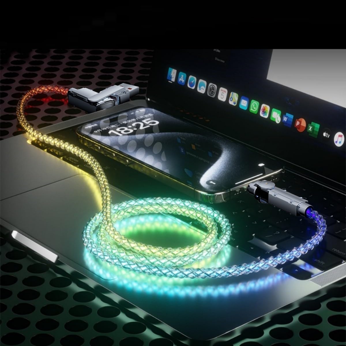 Paquete de 2 cables USB-C iluminados, cargador LED de 6.6 pies, cable de