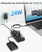 AGEEN, hub USB 3.2 de 7 puertos, alimentado, adaptador 12V/2A