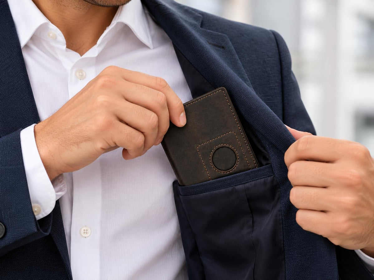 Cartera Bifold de Cuero para Hombres, Bloqueo RFID, Ranura para Tracker (Café Vintage)