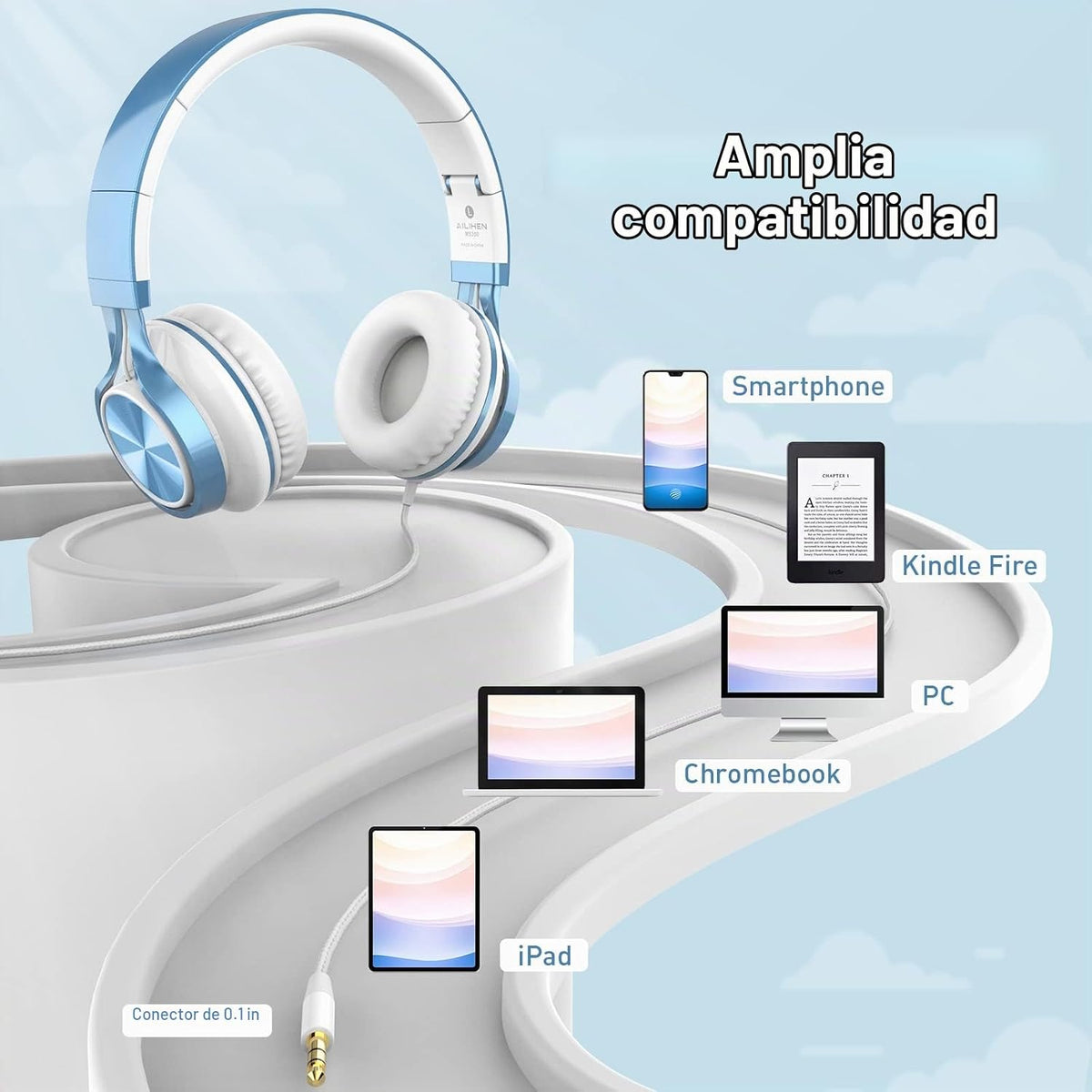 Ailihen Auriculares para Niños para Escuela, con cable de 3.5 mm y micrófono para adolescentes, SkyBlue