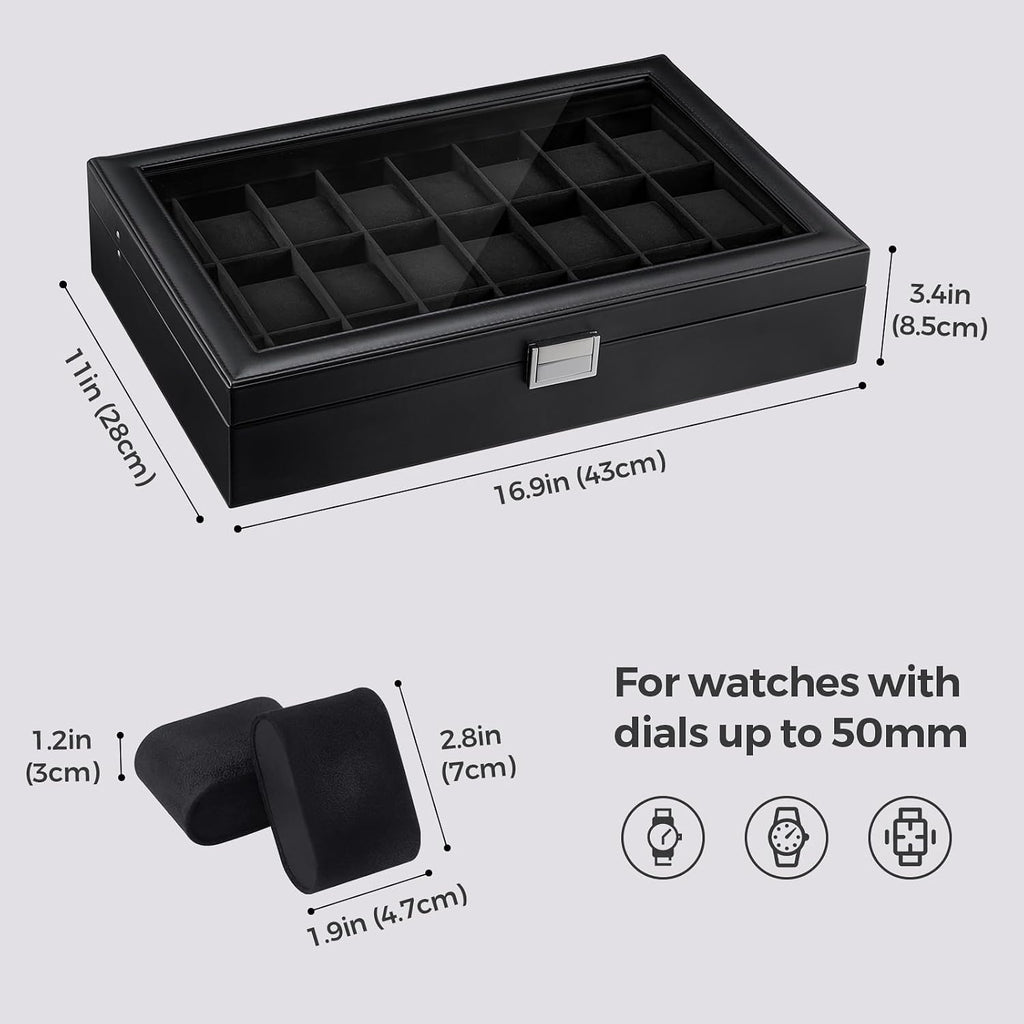 ProCase Caja de reloj para hombre, vitrina de 24 ranuras con tapa de vidrio