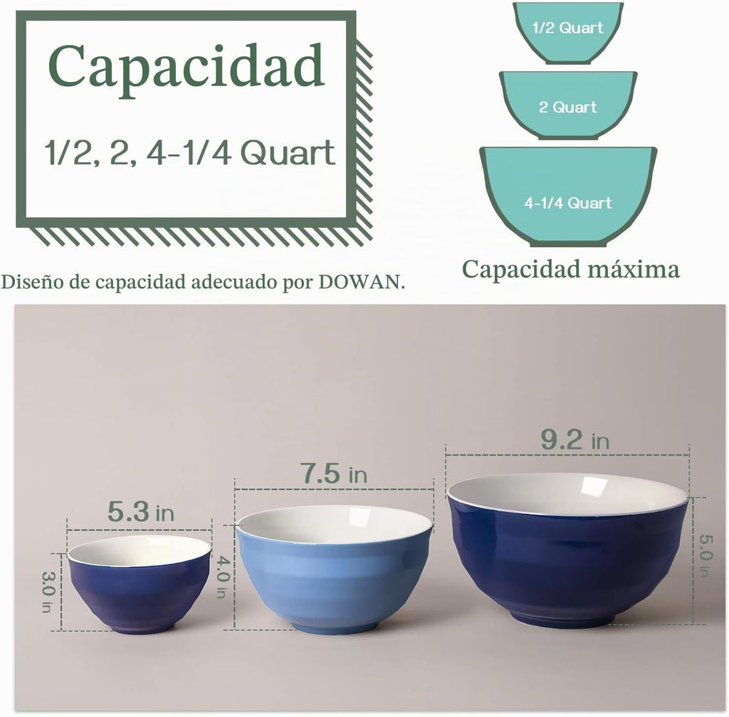 DOWAN 2 tazones de cerámica para servir o mezclar, recipientes de 1.5 - 4.5 cuarto de galón, Set de 3, Multicolor