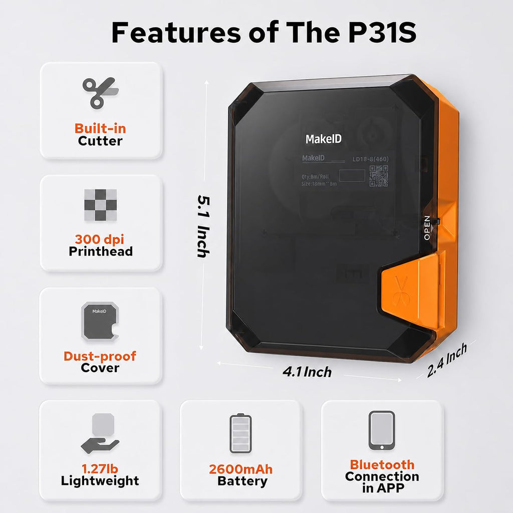Makeid P31S Etiquetadora industrial portátil con cinta, 300 dpi