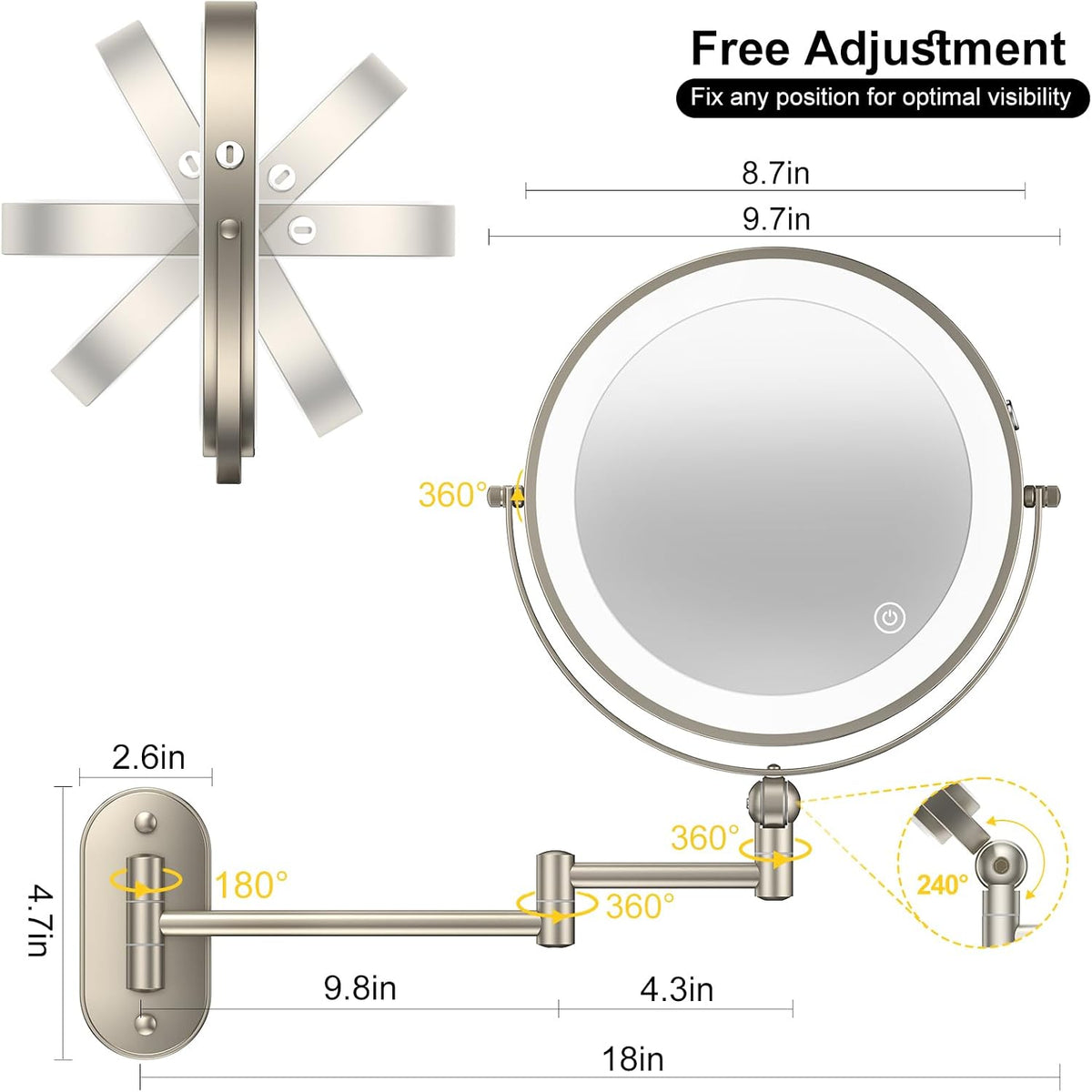 IMIKONA Espejo de maquillaje iluminado de pared de 9 pulgadas, espejo de aumento de doble cara recargable de 4000 mAh 1X/10X con luz, 3 luces de color, regulable al tacto, espejo de maquillaje montado en la pared con brazo extendido de rotación de 360