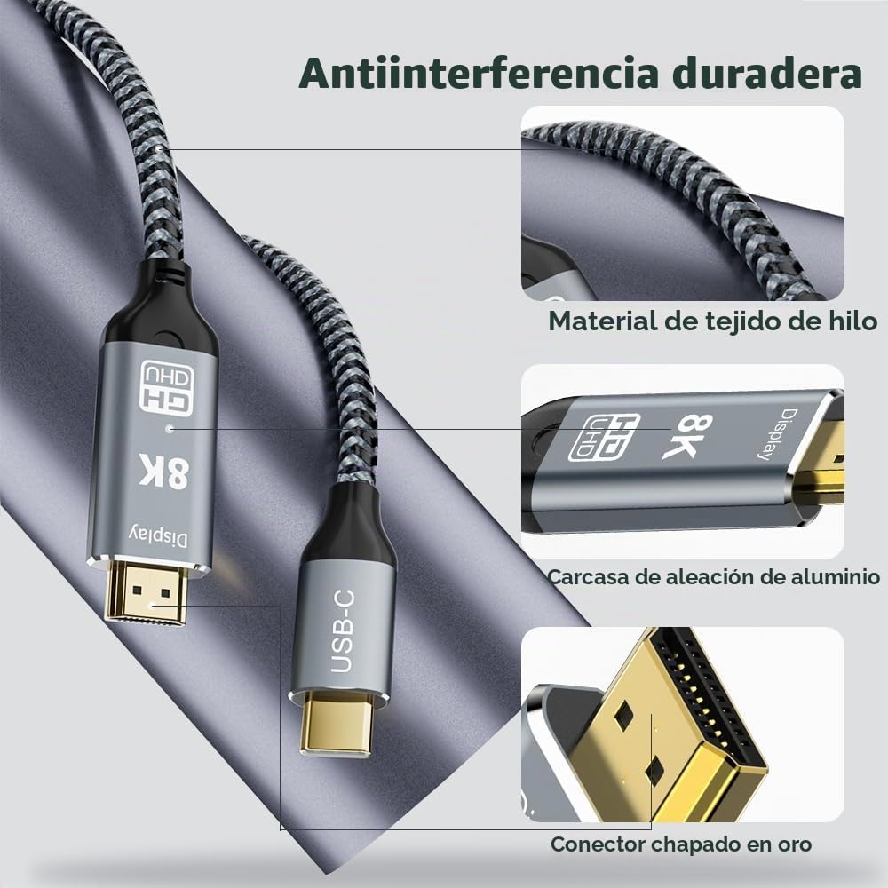 Cable USB C a HDMI 2.1, 6 pies, 8K a 60 Hz 4K a 120 Hz, Thunderbolt 4/5 a HDMI, tipo C compatible con MacBook Pro M4, M3, iPad, iPhone 16Pro, HDCP 2.3 y HDR10, 48 Gbps