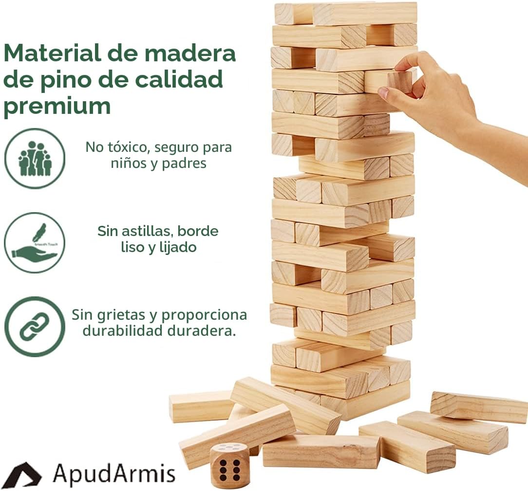 ApudArmis 60 piezas de torre de caída, juego de apilamiento de madera de