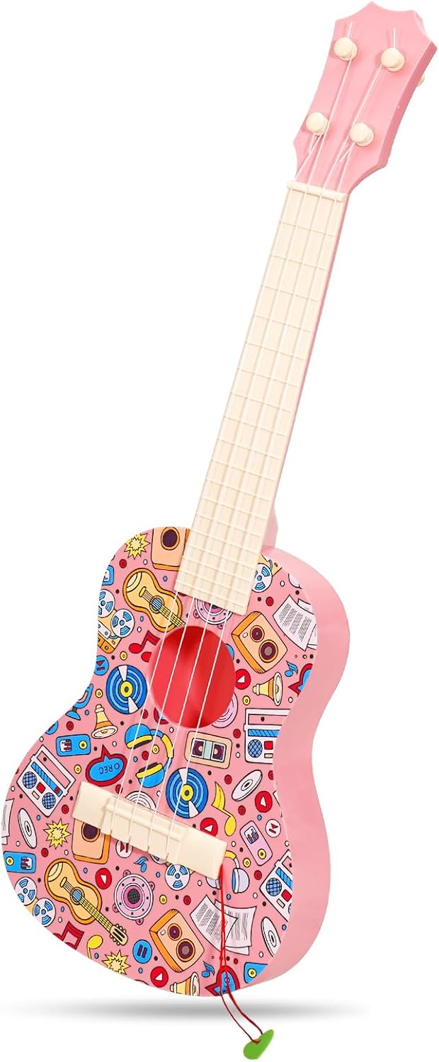 Guitarra ukelele de 21 pulgadas para niños, guitarra de juguete de grafiti con púas, color rosa