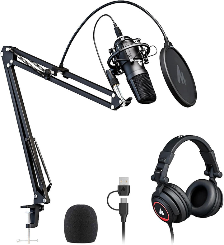 MAONO Micrófono con juego de auriculares de estudio, condensador vo...
