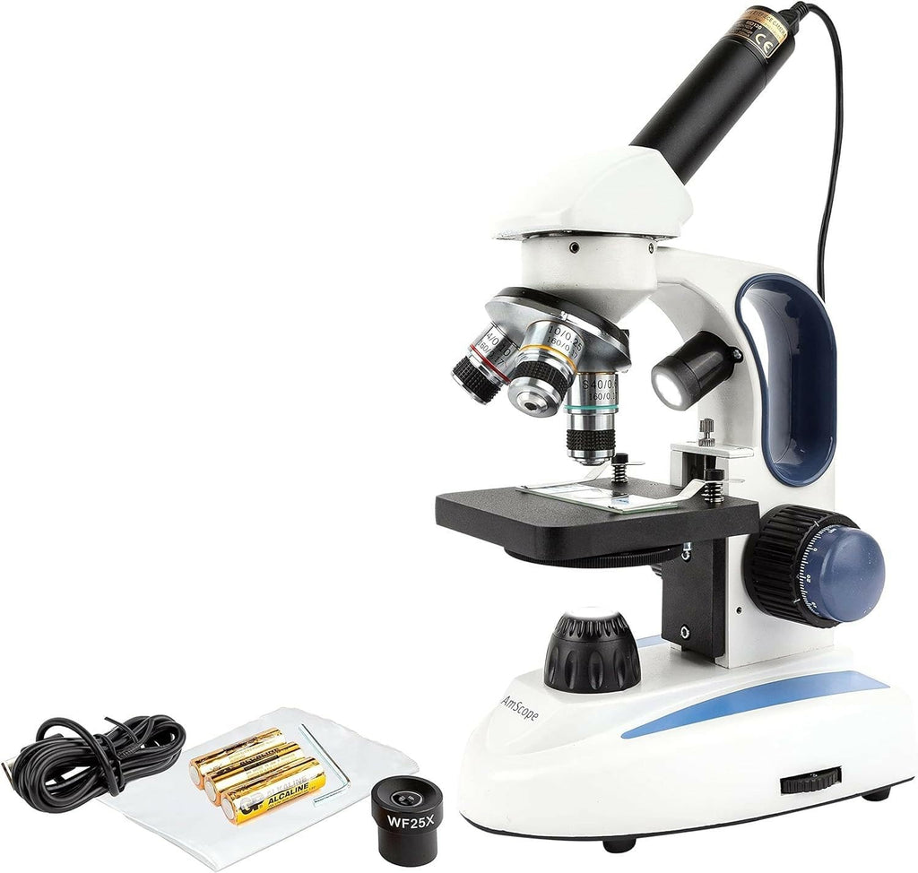 AmScope Microscopio monocular compuesto inalámbrico digital M158C-2L-E1, oculares WF10x y WF25x, aumento de 40x-1000x, iluminación LED superior e inferior con reóstato, Brightfield, condensador de una