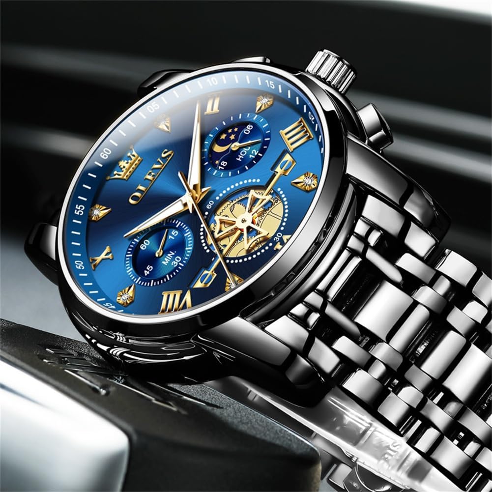 OLEVS Reloj de caballero lujo cronógrafo acero inoxidable pulsera vestimenta impermeable reloj analógico de cuarzo gran esfera luminosa