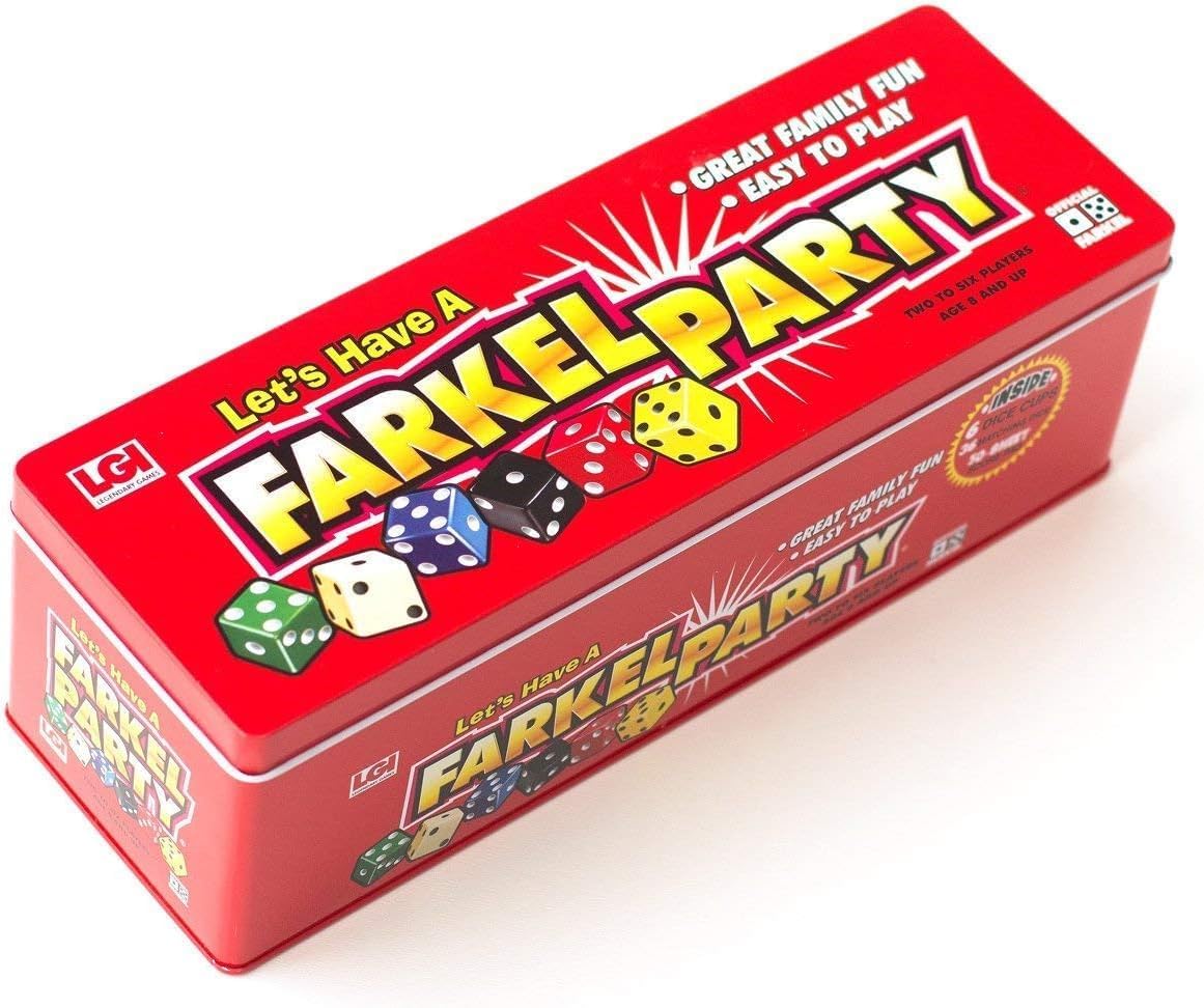 Farkel Juego de dados clásicos para fiestas, juego de dados con licencia oficial de Farkle, 36 dados, 6 tazas, hojas de puntuación y lata de almacenamiento, juego de dados de viaje para noche de juego familiar | 2+ jugadores, a partir de 8 años