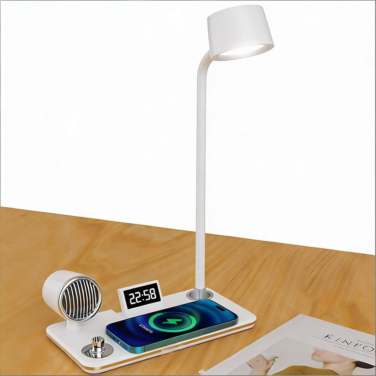 Lámpara Lámpara de noche todo en uno con cargador inalámbrico, reloj digital, altavoz Bluetooth e iluminación ajustable, carga inalámbrica rápida de 15 W, 3 modos de color regulables, cuello de cisne