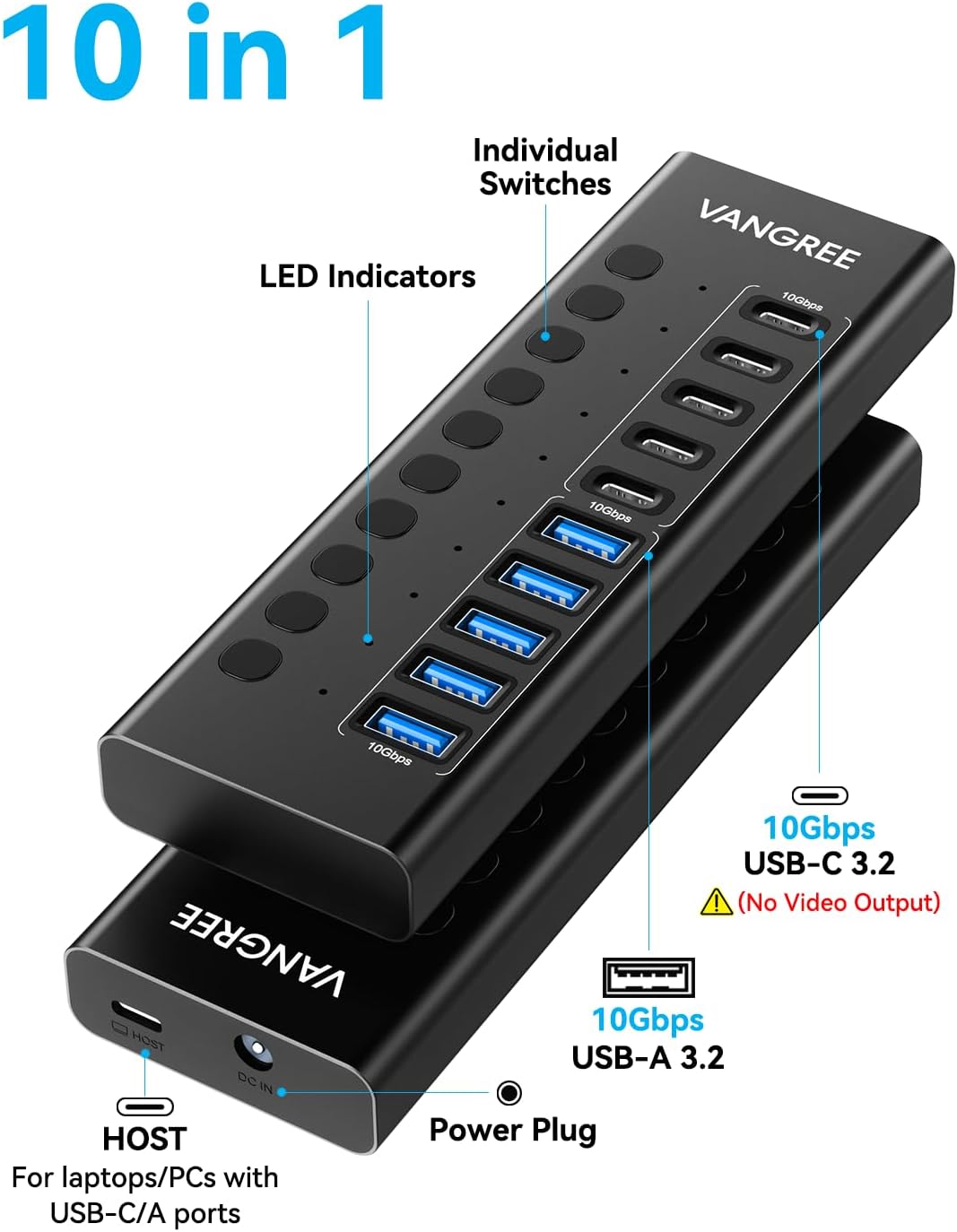 VANGREE, hub USB 3.2 de 10 puertos, alimentado, adaptador 5V/1.5A