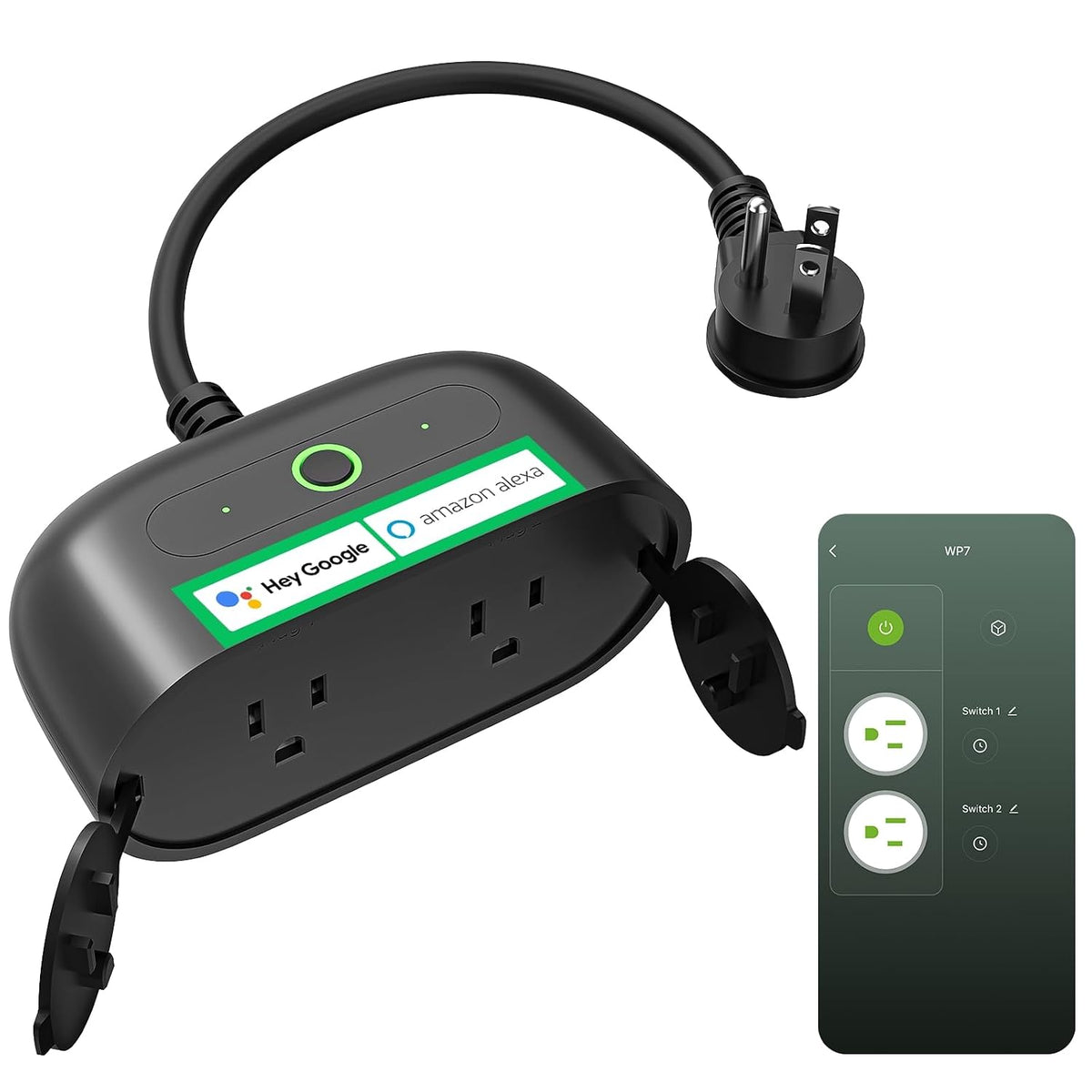 GHome Smart - Enchufe inteligente para exteriores, enchufe Wi-Fi inteligente para el hogar con 2 tomas, resistencia a la intemperie IP64, compatible con Alexa, Google Home y SmartThings, no requiere