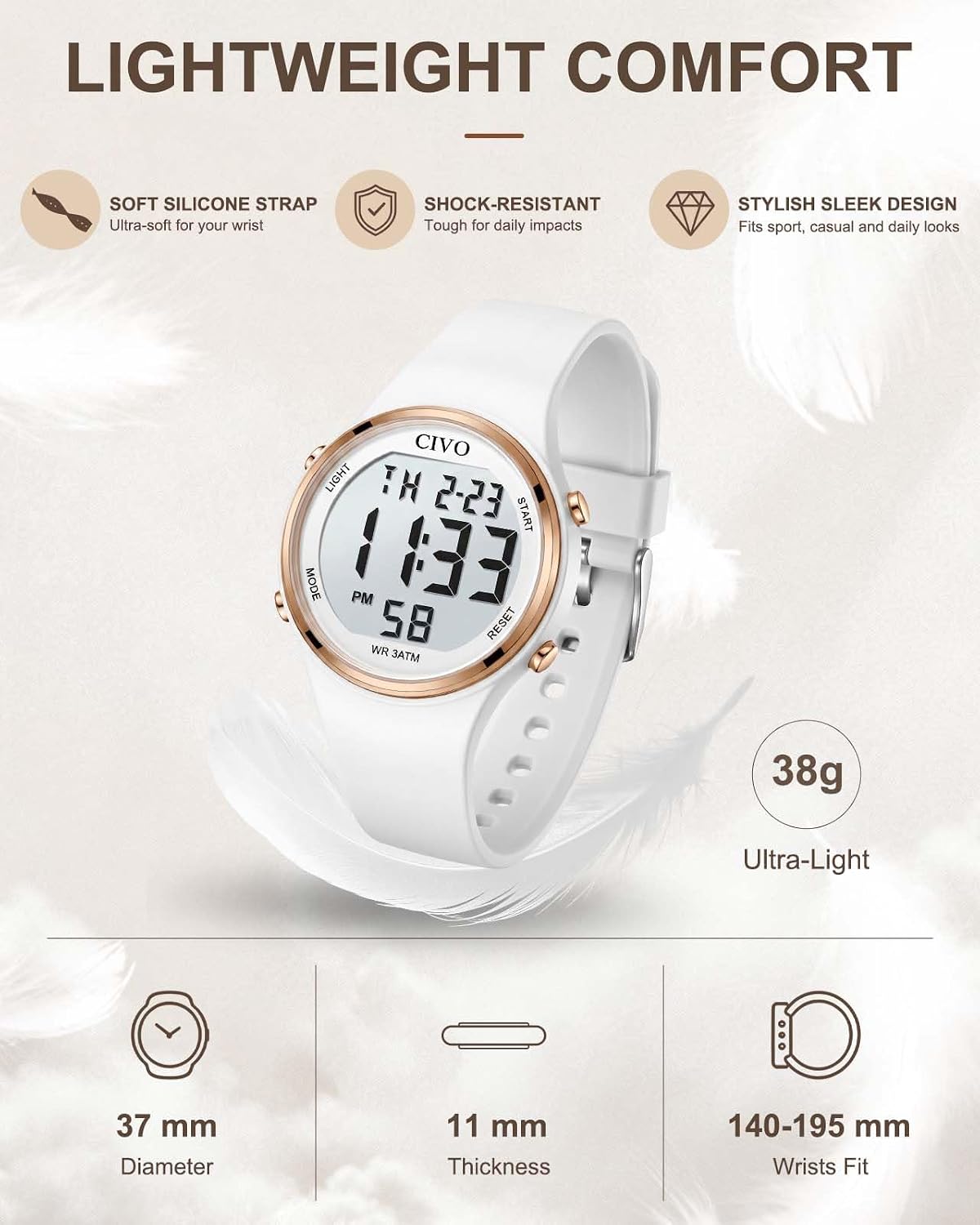 Relojes Deportivos Digitales CIVO para Mujer: Pantalla LCD Grande, Números de Fácil Lectura