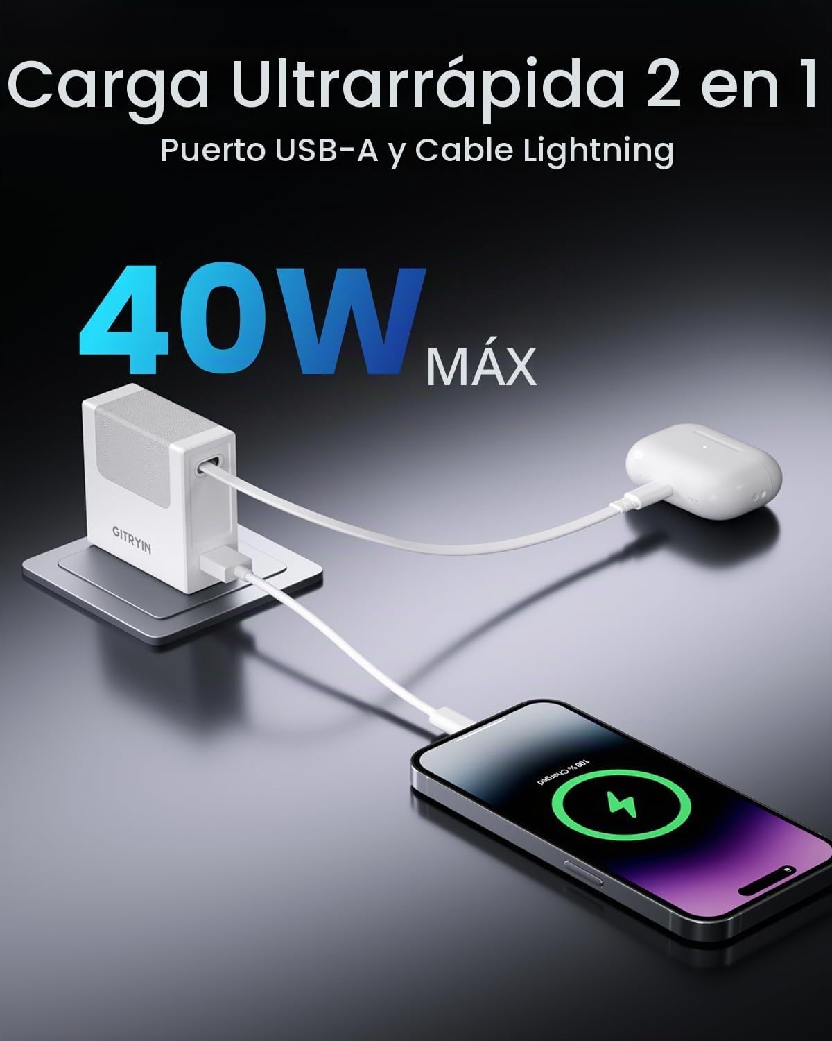 Cargador de pared USB retráctil 40W PD, cable Lightning de 33.5 in, 1 USB-A