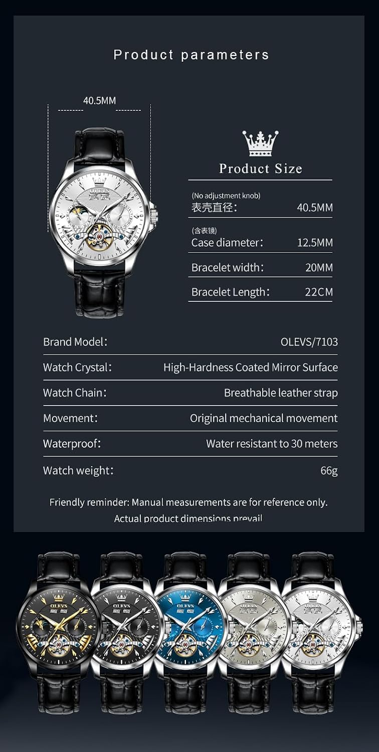 OLEVS - Relojes automáticos para hombre, multicalendario, con fase lunar, 3ATM impermeable, reloj de lujo clásico para negocios, de pulsera