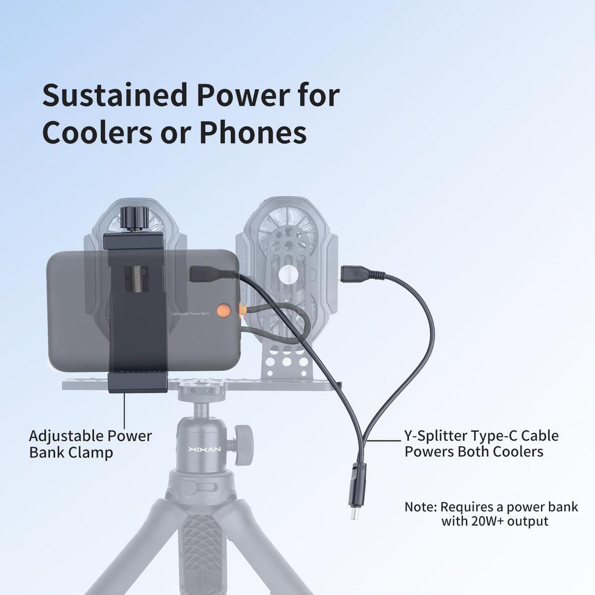 Abrazadera universal para teléfono dual con refrigeradores semiconductores, clip de banco de energía y cómodo trípode de agarre manual para transmisión en vivo extendida de mano o estacionaria