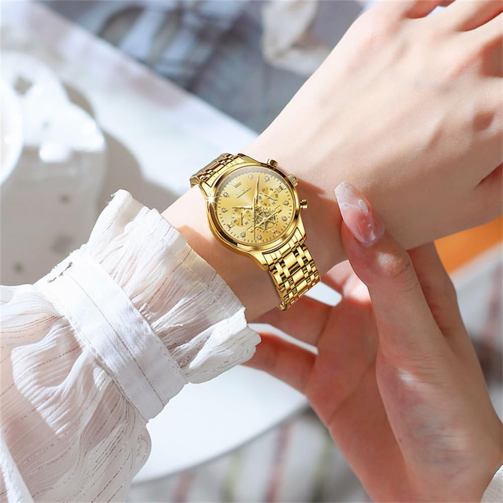 OLEVS Relojes para mujeres de negocios, con diamante, pulsera de acero inoxidable, fecha, impermeable, tono bicolor para mujer