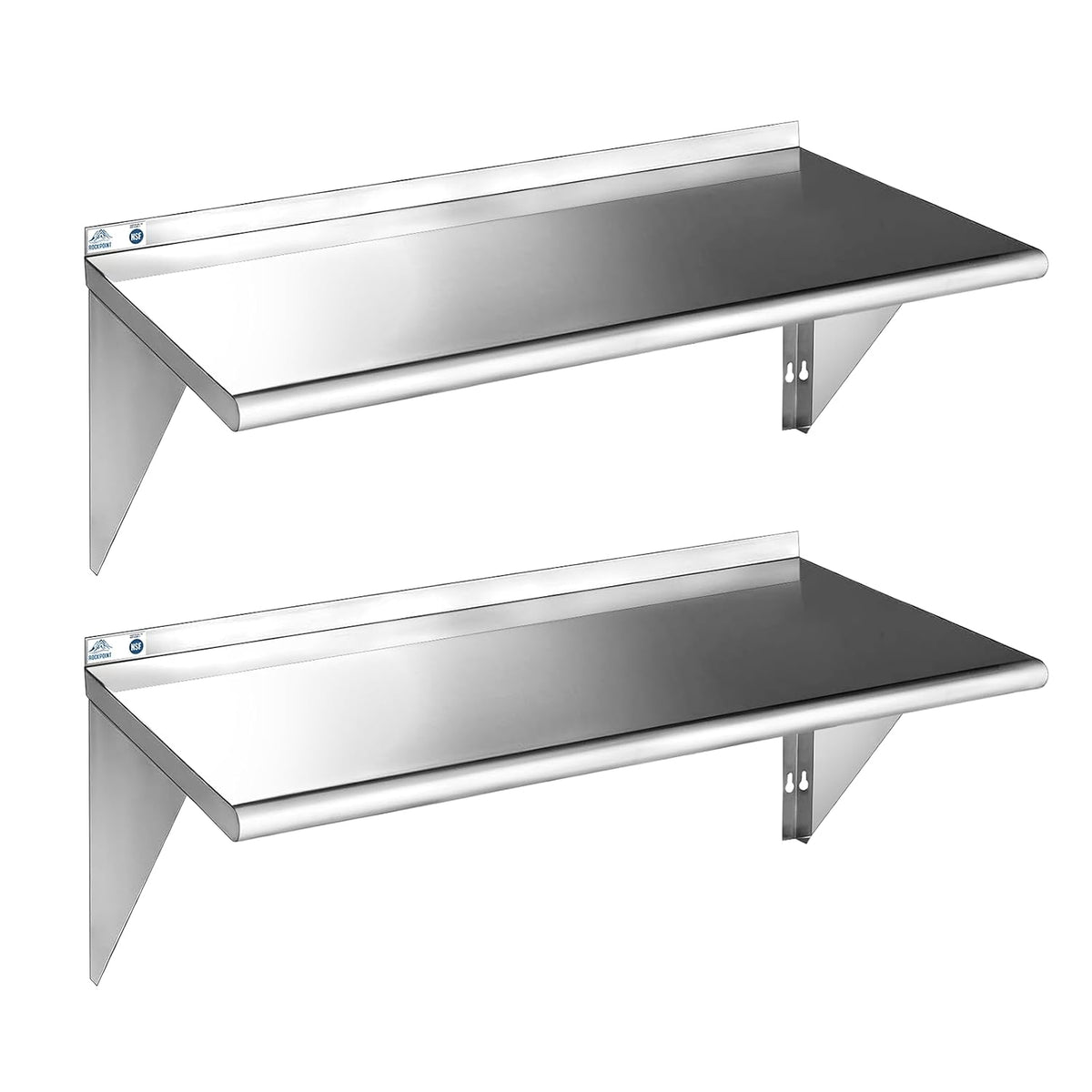 ROCKPOINT Estante de acero inoxidable de 18 x 48 pulgadas, 400 libras, paquete de 2 estantes flotantes de montaje en pared comercial NSF con protector contra salpicaduras para restaurante, cocina
