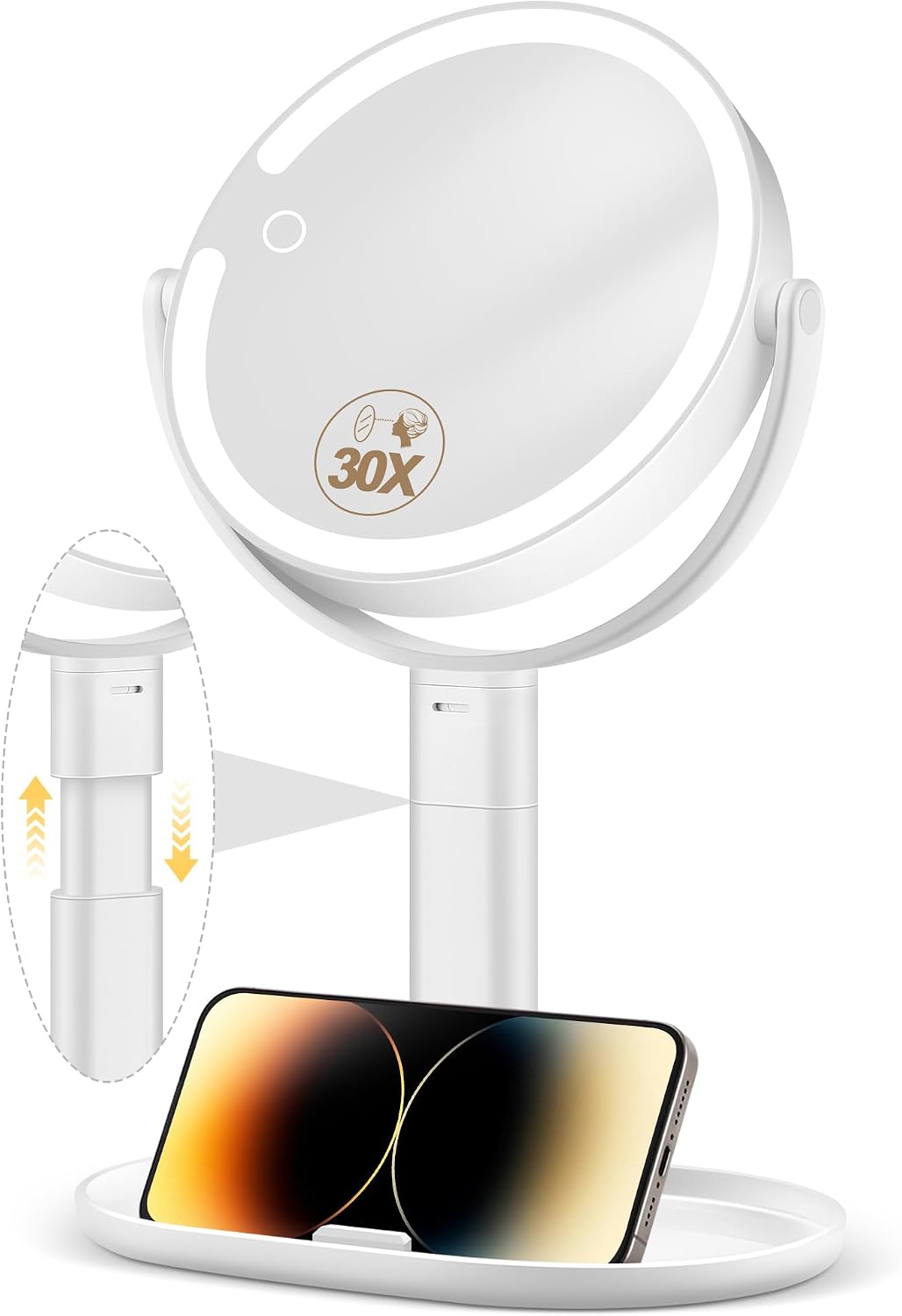Espejo de maquillaje con luces, espejos de aumento 30X, altura ajustable, espejo de tocador con luces recargable, 3 modos de color, espejos de viaje desmontables de doble cara