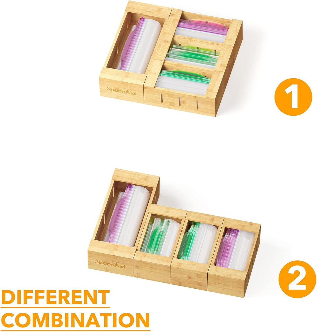 SpaceAid Organizador de almacenamiento de bolsas para cajón de cocina, Organizador de bambú, Compatible con galón, cuarto de galón, sándwiches y aperitivos, para bolsas de distintos tamaños (4