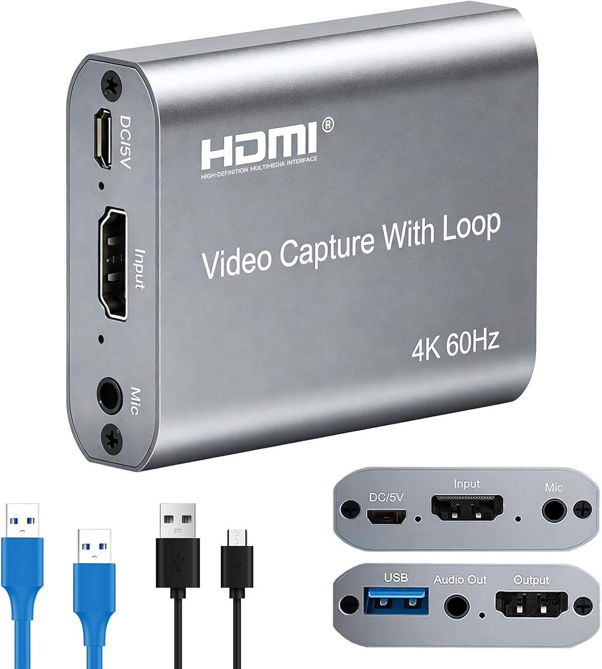 Tarjeta de captura HDMI USB 3.0 con entrada y bucle 4K60, captura de juegos de latencia ultra baja 1080P60 para transmisión, Plug & Play con entrada de micrófono/audio, compatible con PS5/Xbox/Switch/PC/OBS