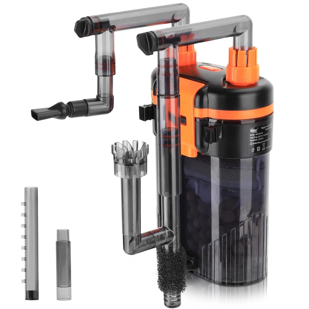 hygger Filtro externo de acuario para colgar en la parte posterior, filtro silencioso para tanque de peces con filtración de 3 etapas, motor antiquemado en seco, flujo ajustable, desnatador de aceite