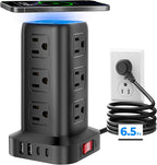 Regleta de alimentación con 12 tomas, 4 USB (1 USB C), cable de extensión de 6.5 pies con múltiples tomas, estación de carga, torre de regleta de alimentación, suministros de escritorio de oficina en