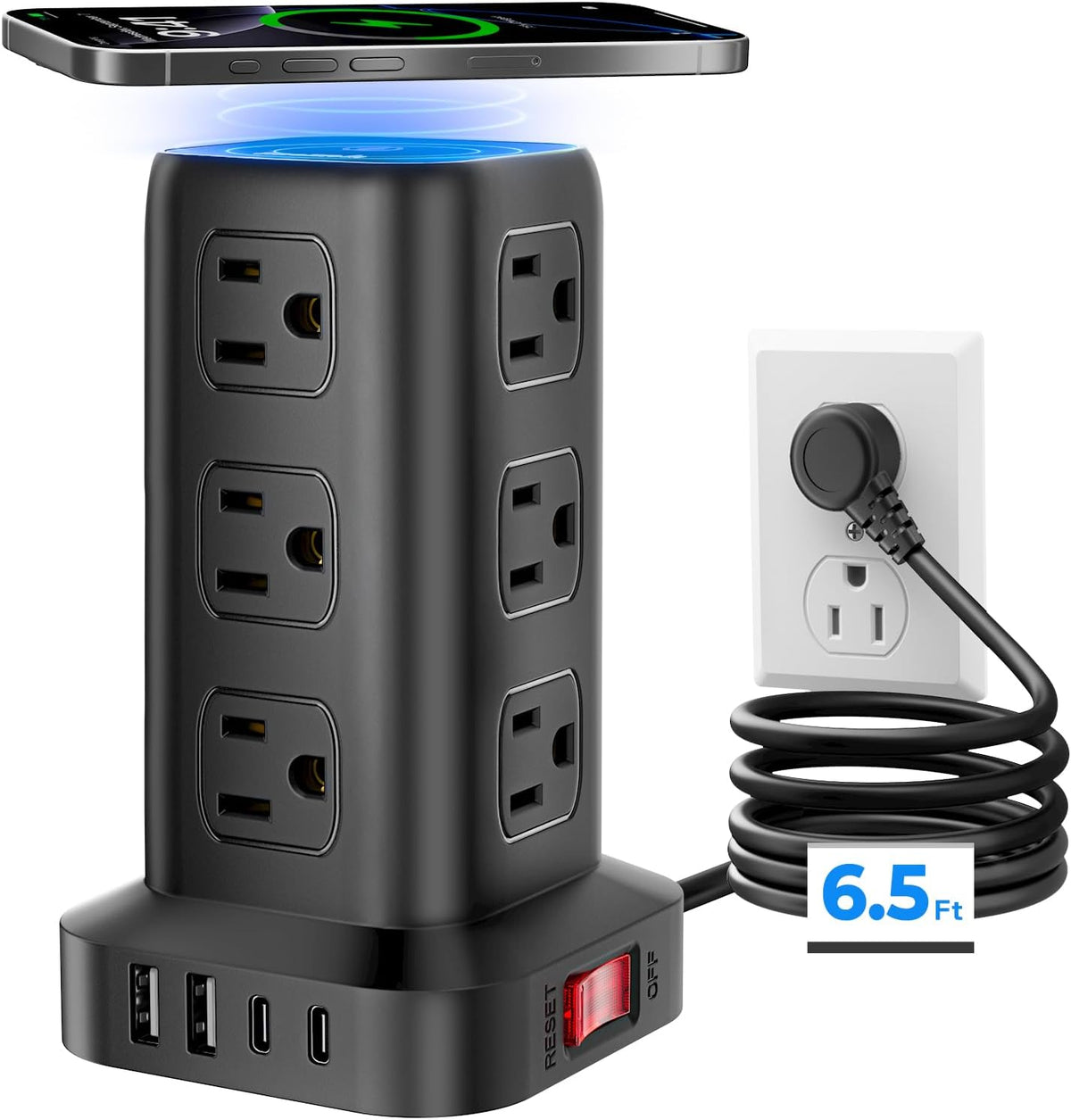 Regleta de alimentación con 12 tomas, 4 USB (1 USB C), cable de extensión de 6.5 pies con múltiples tomas, estación de carga, torre de regleta de alimentación, suministros de escritorio de oficina en
