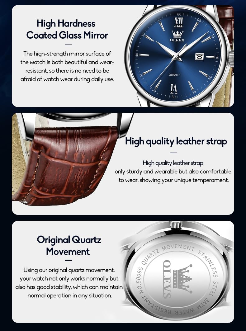 OLEVS Relojes de cuero para hombres 3ATM a prueba de agua Esfera grande